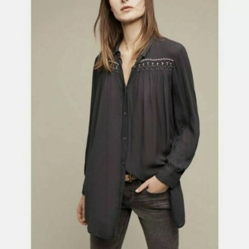 Anthropologie Floreat Beulah Beaded Tunic Button Down Top Blouse S Navy Blue